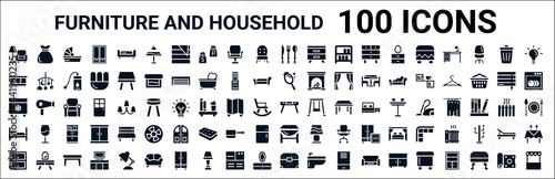 set of 100 glyph furniture and household web icons. filled icons such as garbage bags,cabinets,mirror,freezer,adornment,bed,gateleg table,chest of drawers. vector illustration