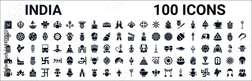 set of 100 glyph india web icons. filled icons such as sikhism,gnostic,bollywood,uttar pradesh,lakshmi,gate of india,devi,trident. vector illustration