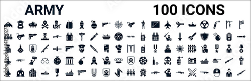 set of 100 glyph army web icons. filled icons such as army backpack,brigade,barbed,conscription,pull up,fighter plane,chevrons,terracotta. vector illustration photo