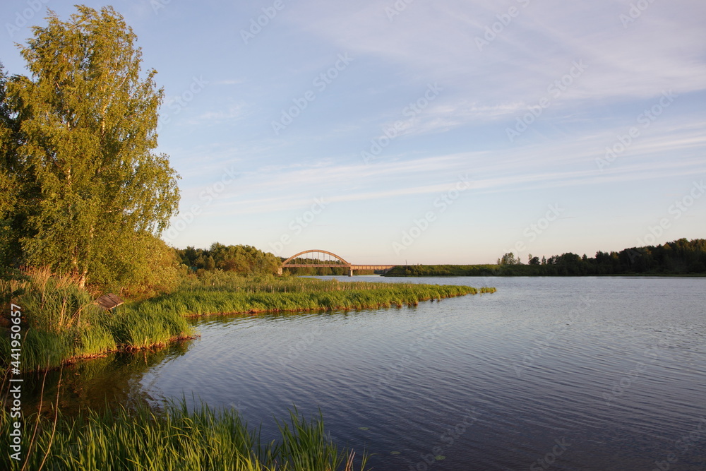 Beautiful Russian natural peaceful river landscape panorama on sunrise in Russia on Volga River with birch tree on shore, calm water and blue sky at summer morning Beautiful Russian natural peaceful river landscape panorama on sunrise in Russia on Volga River with birch tree on shore, calm water and blue sky at summer morning