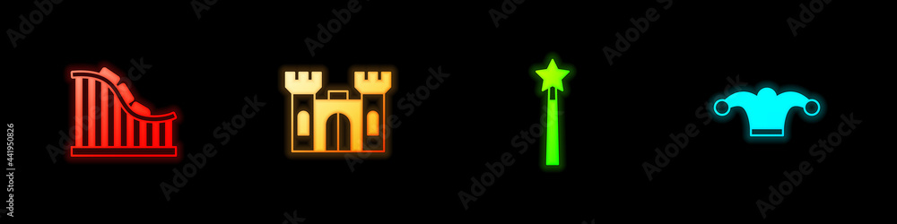 Set Roller coaster, Castle, Magic wand and Jester hat with bells icon. Vector Set Roller coaster, Castle, Magic wand and Jester hat with bells icon. Vector