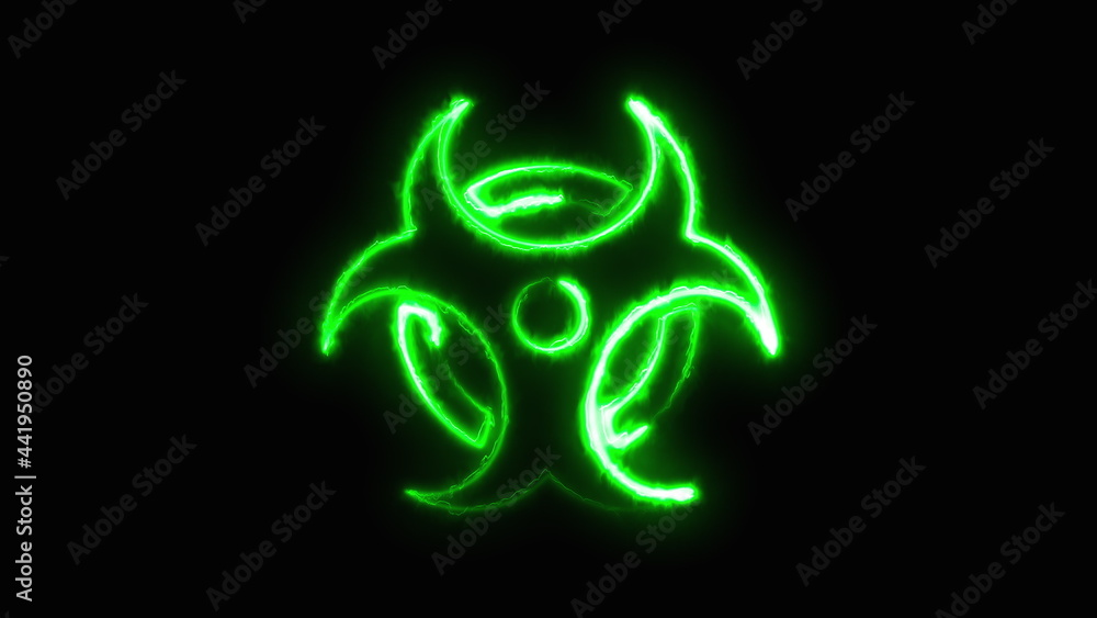 Electric beam draws a radioactive sign on a dark background, computer generated. 3d rendering warning sign