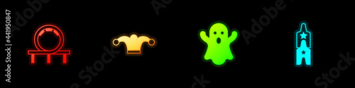 Set Roller coaster, Jester hat with bells, Ghost and Circus ticket icon. Vector