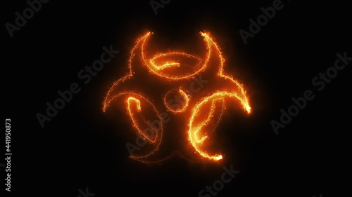 Electric beam draws a radioactive sign on a dark background, computer generated. 3d rendering warning sign