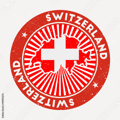 Switzerland round stamp. Logo of country with flag. Vintage badge with circular text and stars, vector illustration.