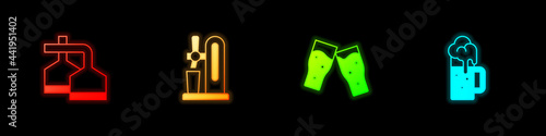 Set Beer brewing process, tap with glass, Glass of beer and Wooden mug icon. Vector