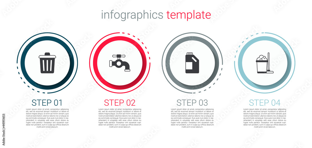 Set Trash can, Water tap, Bottle for cleaning agent and Mop and bucket. Business infographic template. Vector Set Trash can, Water tap, Bottle for cleaning agent and Mop and bucket. Business infographic template. Vector