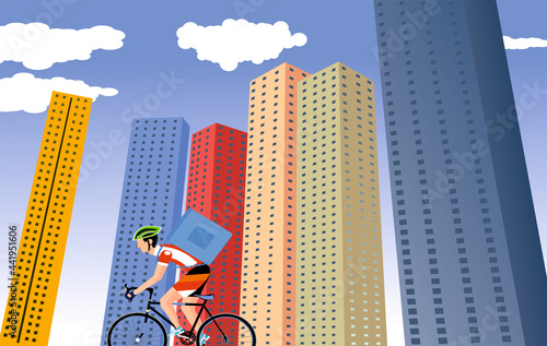 City Buildings architecture, courier rides on byke, clouds, vector illustration
