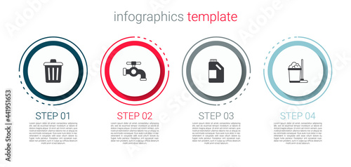 Set Trash can, Water tap, Bottle for cleaning agent and Mop and bucket. Business infographic template. Vector