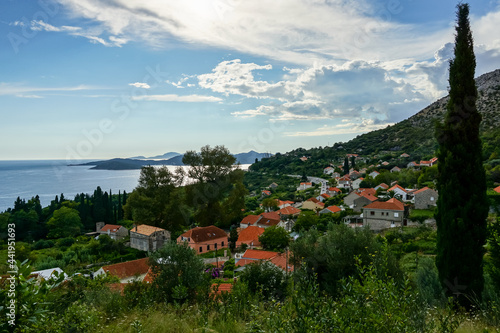 Croatia, Trsteno panoramic view of Adriatic Sea coastline. Sunset time panoorama.  photo