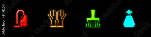 Set Vacuum cleaner, Rubber gloves, Handle broom and Garbage bag icon. Vector