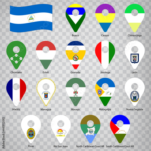 Seventeen flags the Provinces of Nicaragua  -  alphabetical order with name.  Set of 2d geolocation signs like flags Departments of Nicaragua.  Seventeen one 2d geolocation signs for your design. EPS1 photo