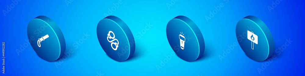 Set Isometric Police rubber baton, Flashlight, Protest and Handcuffs icon. Vector Set Isometric Police rubber baton, Flashlight, Protest and Handcuffs icon. Vector