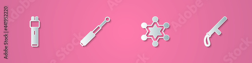 Set paper cut Police electric shocker, Telescopic baton, Hexagram sheriff and rubber icon. Paper art style. Vector