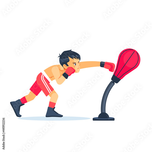 Boxing. Kids sport concept. Boy sportsman boxer fighting in gloves in gym. Cartoon vector illustration isolated on white background