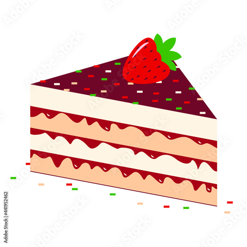 Vector graphics - a large piece of cake-a layer of souffle and jam with chocolate icing and fresh strawberries on top isolated close-up on a white background