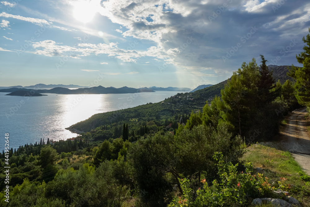 Obraz premium Croatia, Trsteno panoramic view of Adriatic Sea coastline. Sunset time panoorama. 