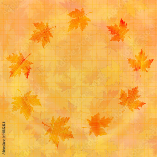 Frame of drawn maple leaves with autumn background.