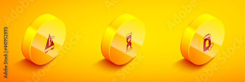Set Isometric Metronome with pendulum, Old hourglass and Sedative pills icon. Vector