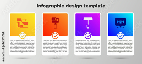 Set Cinema camera, Action, Skateboard T tool and wheel. Business infographic template. Vector