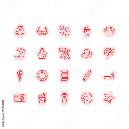 Summer beach flat line icons set. Beach, snorkeling, cocktail, sun lotion, palm tree, flip flop. Simple flat vector illustration for store, web site or mobile app