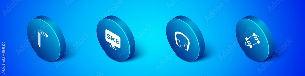 Set Isometric Tool allen keys, Headphones, Longboard or skateboard and Skateboard icon. Vector Set Isometric Tool allen keys, Headphones, Longboard or skateboard and Skateboard icon. Vector