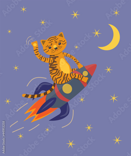 drawn cute tiger sitting on a blue rocket waving his paw and flying in the sky