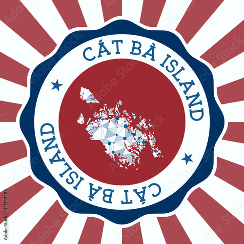 Cat Ba Island Badge. Round logo of island with triangular mesh map and radial rays. EPS10 Vector. photo