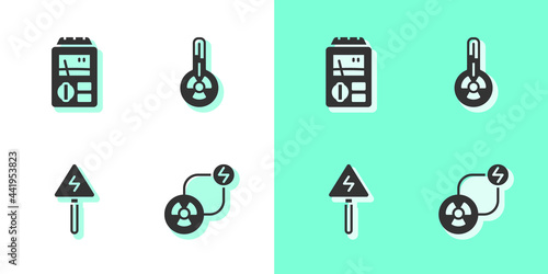 Set Radioactive exchange energy, Dosimeter, High voltage sign and Meteorology thermometer icon. Vector