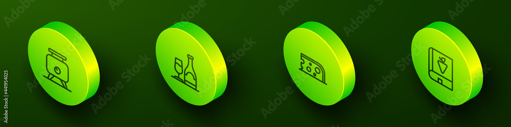 Set Isometric line Fermentation of grapes, Wine bottle with glass, Cheese and Book about icon. Vector Set Isometric line Fermentation of grapes, Wine bottle with glass, Cheese and Book about icon. Vector