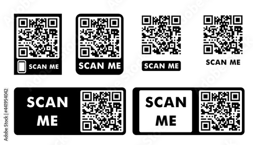 Scan me set icons for mobile device design.QR code sample for smartphone scanning.  Qr code icon. Flat design. Stock vector illustration isolated on white background.