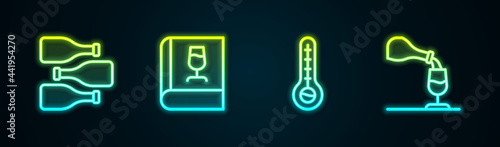 Set line Bottles of wine, Book about, Meteorology thermometer and Wine tasting, degustation. Glowing neon icon. Vector