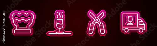 Set line Chef hat, Wine tasting, degustation, Gardening scissors and truck. Glowing neon icon. Vector