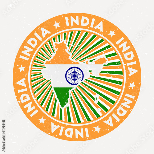 India round stamp. Logo of the country with flag. Vintage badge with circular text and stars, vector illustration.