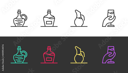 Set line Wine in italian fiasco bottle, Old of wine, Decanter for and tasting, degustation on black and white. Vector