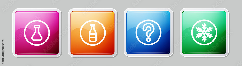 Set line Test tube and flask, Bottle, Unknown search and Snowflake. Colorful square button. Vector Set line Test tube and flask, Bottle, Unknown search and Snowflake. Colorful square button. Vector