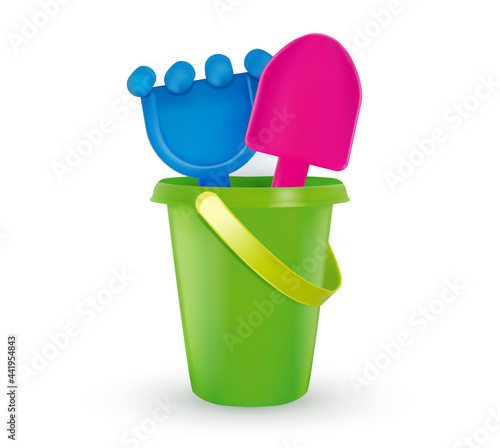 Sandbox toys. Baby bucket, rake, scapula. Set of buckets and dustpan. For playing in the sandbox for children. Colorful children toys isolated on white background.