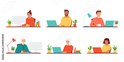 Young and senior women and men sits with computer. Home office work, freelance, distance education, e-learning. Employees work on laptop. Collection of vector illustrations in flat style
