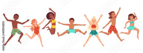 Happy diverse kids in swimsuits have fun jumping together. Collection of summer multiracial children characters. Funny cartoon flat African and European girls and boys. Isolated vector illustration 