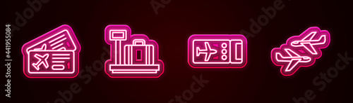 Set line Airline ticket, Scale with suitcase, and Plane. Glowing neon icon. Vector