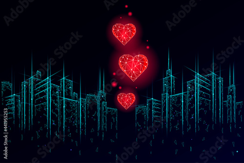 Internet dating app concept. 3D low poly cityscape skyscraper relationship symbol heart. Social media love date find couple service. Website romantic message vector illustration