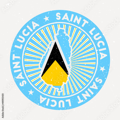 Saint Lucia round stamp. Logo of the island with its flag. Vintage badge with circular text and stars, vector illustration.