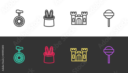 Set line Unicycle or one wheel bicycle, Magician hat and rabbit ears, Castle and Lollipop on black and white. Vector