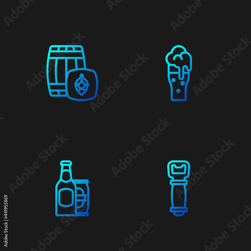 Set line Bottle opener, Beer bottle and beer can, Wooden barrel and Glass of. Gradient color icons. Vector