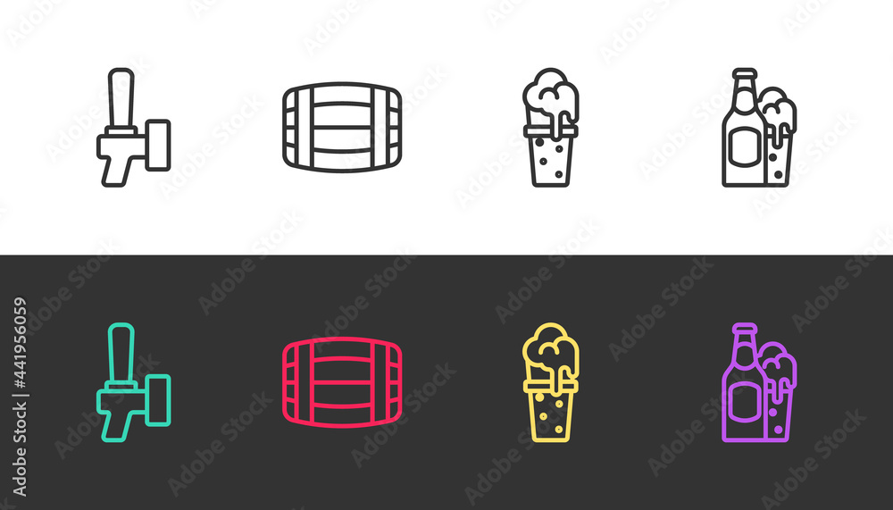 Set line Beer tap, Wooden barrel, Glass of beer and bottle and glass on black and white. Vector Set line Beer tap, Wooden barrel, Glass of beer and bottle and glass on black and white. Vector