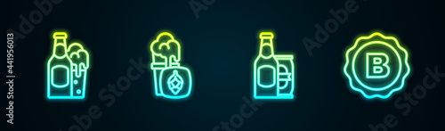 Set line Beer bottle and glass, Glass of beer, can and Bottle cap with. Glowing neon icon. Vector