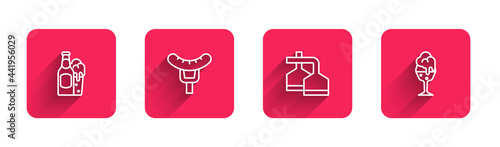 Set line Beer bottle and glass, Sausage on the fork, brewing process and Glass of beer with long shadow. Red square button. Vector