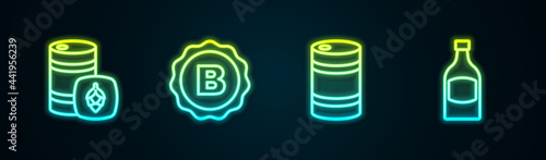 Set line Metal beer keg, Bottle cap with, and Beer bottle. Glowing neon icon. Vector