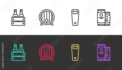 Set line Pack of beer bottles, Wooden barrel, Bottle opener and Beer can on black and white. Vector