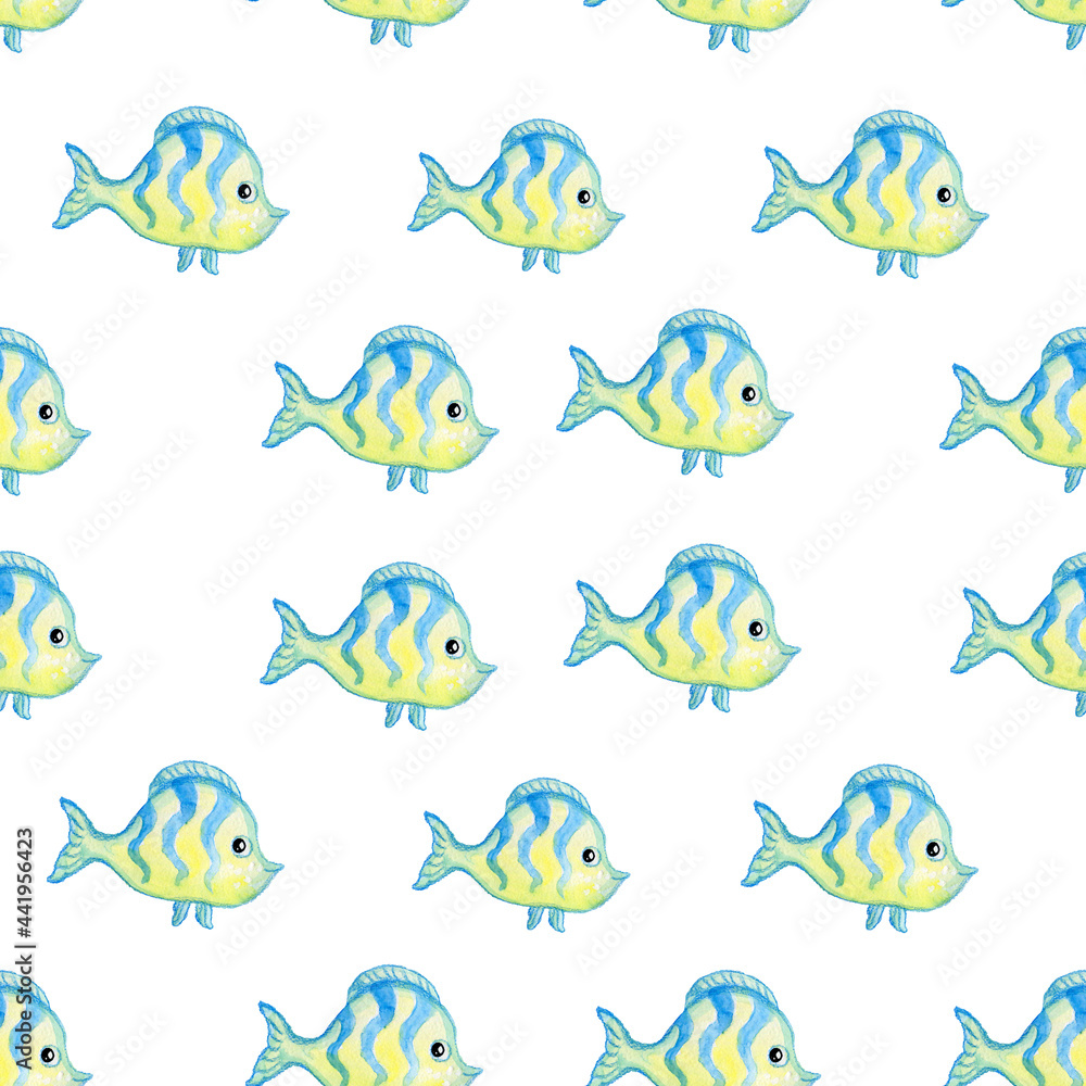 Naklejka premium Watercolor tropical fish yellow and blue on a white background seamless pattern